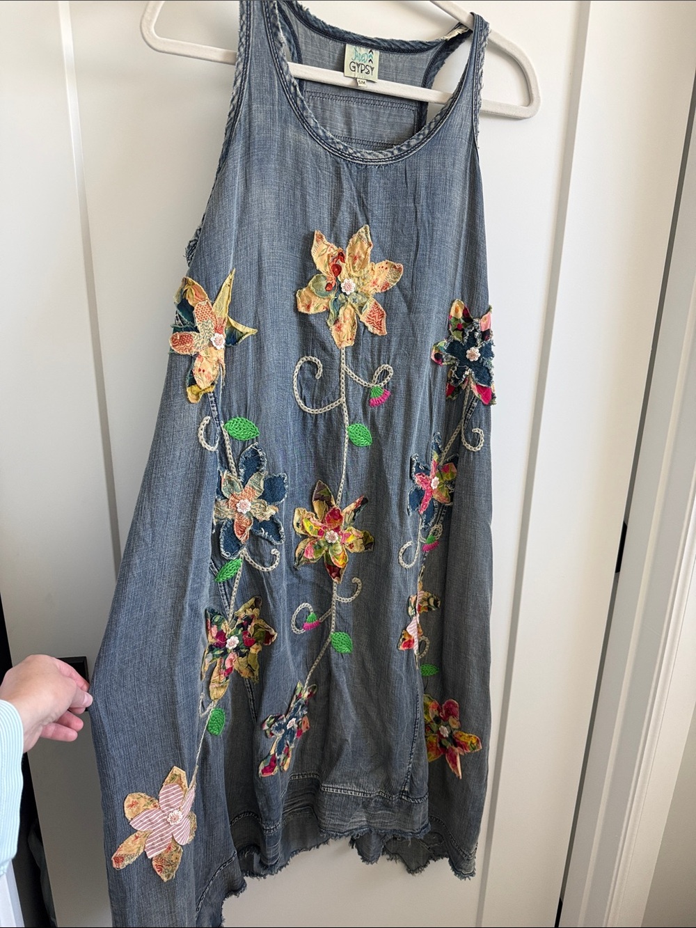 Jaded Gypsy Embroidered Floral Denim Tank Dress in Washed Blue